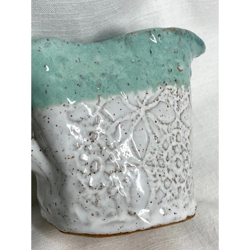 Signed Handmade Studio‎ Pottery Pitcher Aqua White Speckled Glaze Floral Texture